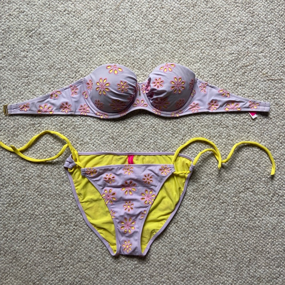 Victoria’s Secret Purple and Yellow Eyelet Strapless Bikini with Tie Bottoms